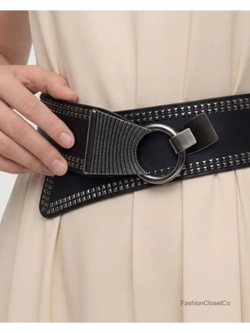 Wide Faux Leather Gothic Hook Buckle Belt with Pyramid Studs